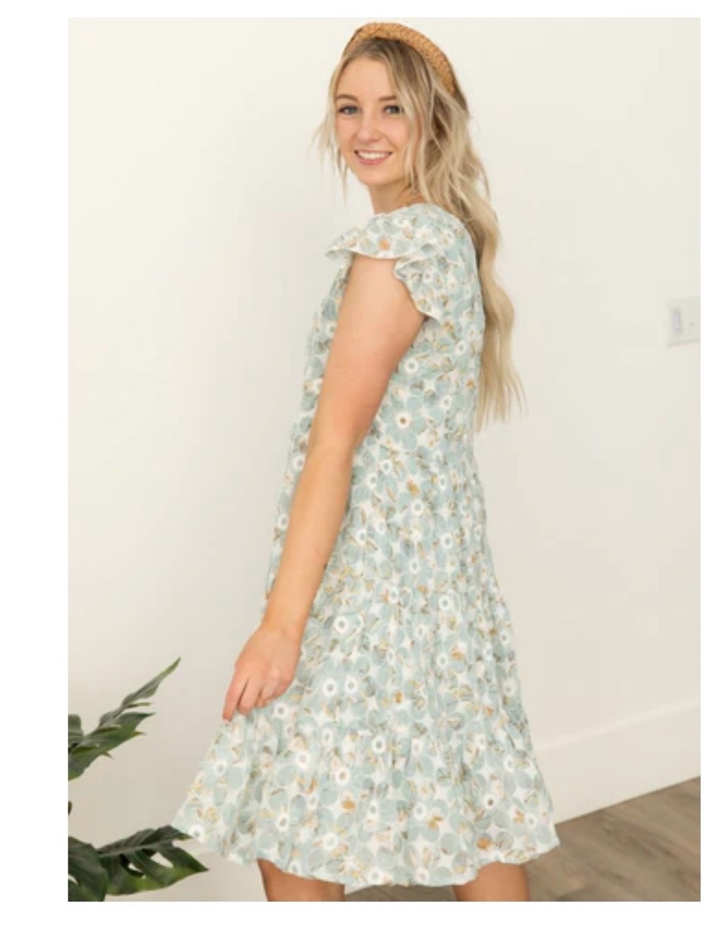 orange creek Mint Blue Floral Tiered Ruffle Sleeve Dress